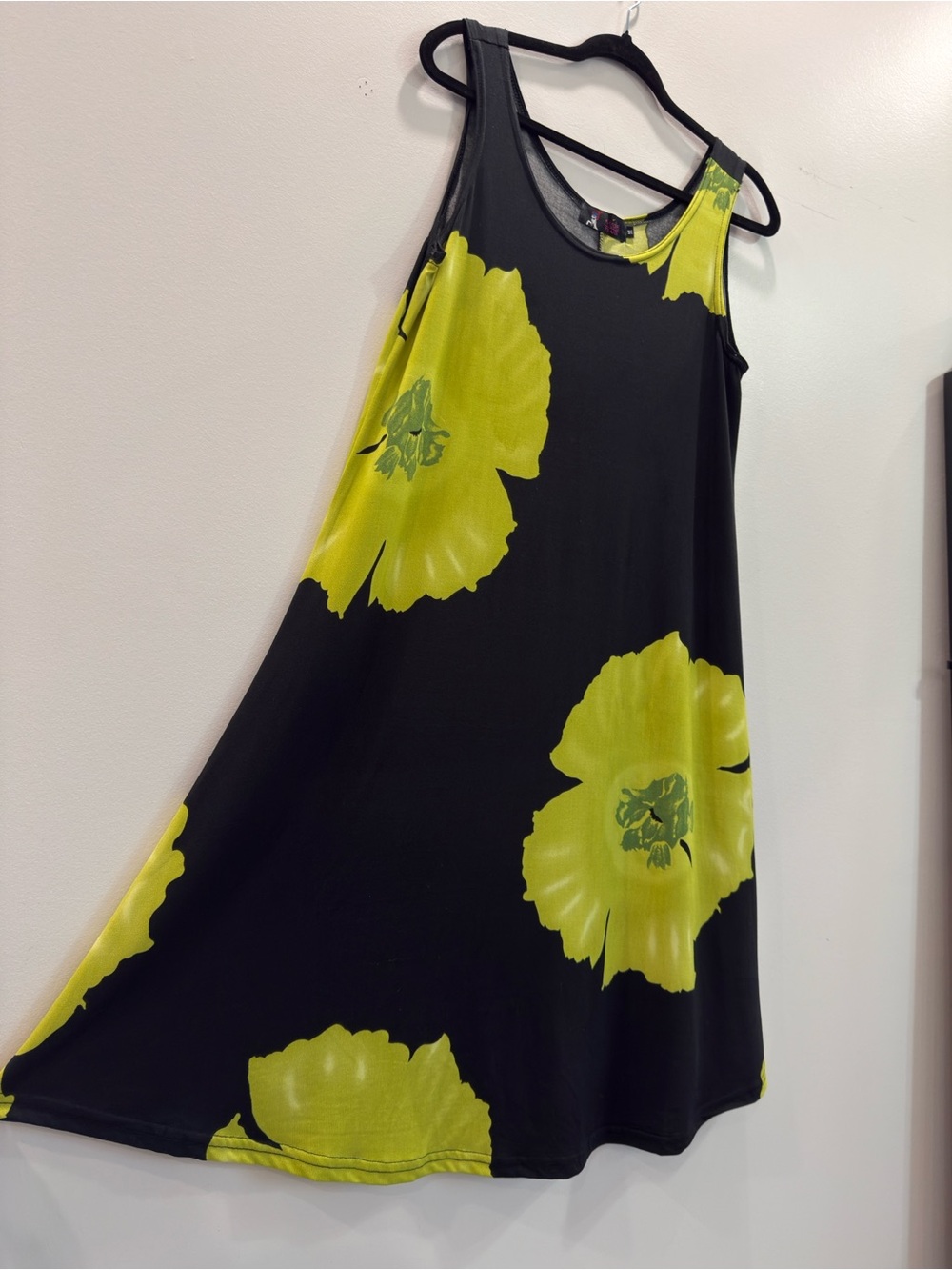 Sleeveless Black Midi Dress with Lime Floral Print